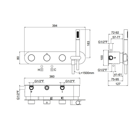 CARIMALI ILTONDO Смеситель для душа встроенный, термостатический, на 4 выхода, с ручным ду, внешняя часть, цвет хром 