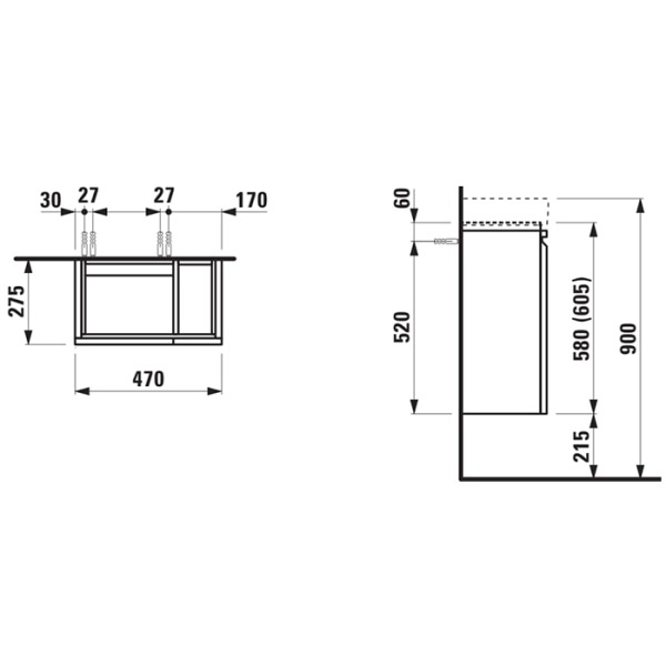 Laufen Pro База под раковину 8.1595.5, подвесная 47х27,5х60,5 см, петли слева, полки справа, 1 дверка, цвет белый матовый 