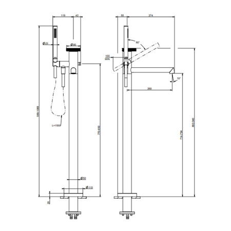 GESSI ANELLO Смеситель для ванны напольный, с ручным душем и шлангом 1500 мм., внешняя часть, цвет Finox Brushed Nickel 