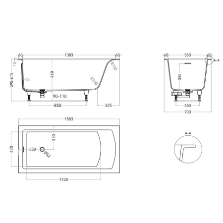 Salini CASCATA  KIT Встраиваемая ванна с прямоугольной чашей 1500x700x625 мм, ножки,  S-Stone, белый матовый (NEW2025) 