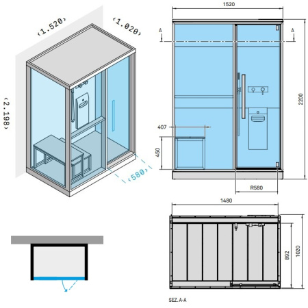 Effegibi H Medium Хаммам с душем, пристенный L.H. 152x102xh220см, отделка: Soft Sand 