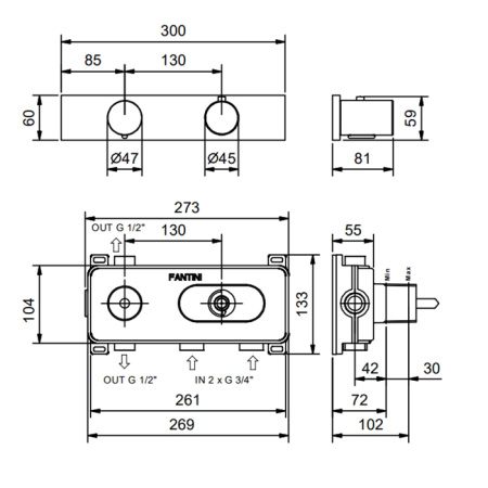 Fantini Milano Термостатический встраиваемый смеситель для душа на 2 потока, цвет Матовая натуральная сталь (без внутр части) 