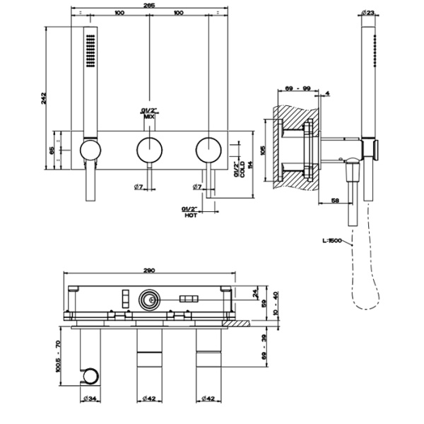 GESSI 316 Встраиваемый смеситель для ванны, автомат переключатель ванна-душ, держатель неподвижный (внешняя часть), цвет: warm bronze brushed pvd 