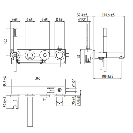 GATTONI CIRCLE ONE Смеситель встроенный для ванны на 4 отв,с внутр частью, с ручной лейкой. цвет хром 