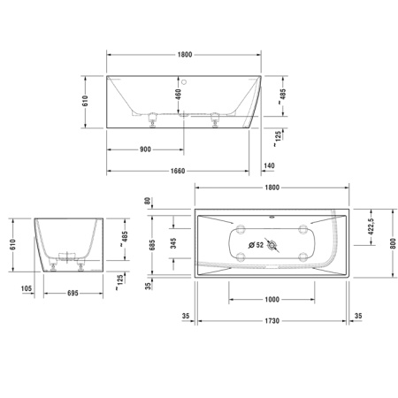 Duravit Vitrium Ванна 1800x800мм,  угол левый, с панелью и ножками.с 2 наклонами для спины, цвет белый 