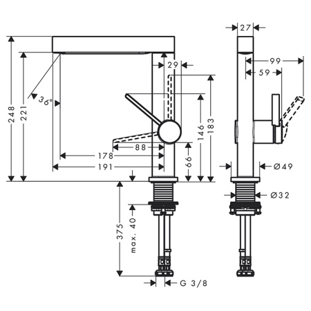HANSGROHE FINORIS Смеситель для раковины на 1 отверстие, однорычажный, с поворотным изливом, с донным клапаном, цвет черный матовый 