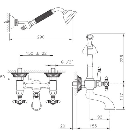 Nicolazzi Impero Смеситель для ванны с 2мя ручками, с переключателем ванна/душ, + комплект руч. душа, цвет: цвет: золото 