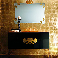 Eurolegno Glamour Комплект мебели, раковина моноблок с зеркалом и светильником, Цвет: чёрный глянцевый/золото