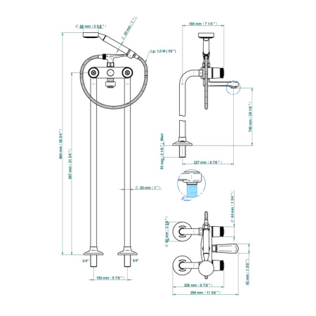 THG CORVAIR Смеситель для ванны напольный, с ручным душем и шлангом 1500 мм., цвет полированное золото 
