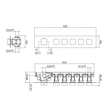 Carimali ILQUADRO  Внешняя часть горизонтальная для термостатического смесителя с 5-ю независимыми выходами, цвет хром 