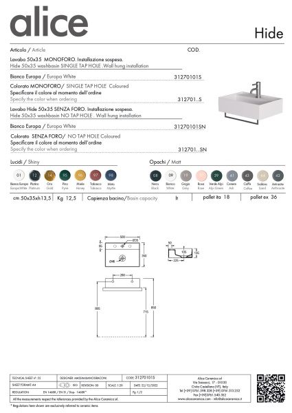 Alice Hide, подвесная прямоугольная раковина 50x35x13,5h см c крепежом fix01, цвет белый глянцевый 