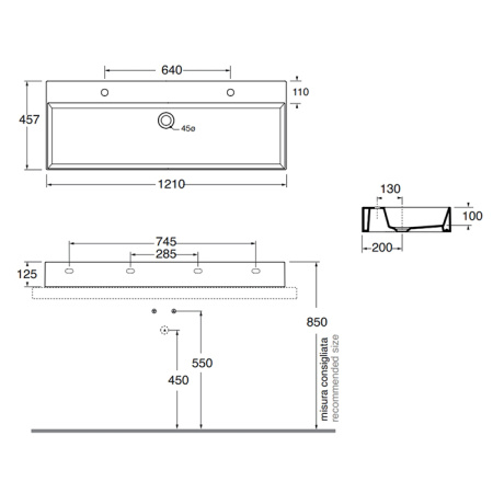 AZZURRA ELEGANCE Squared  Раковина подвесная/накладная 122х45см c 2отв. под 2 смесителя , цвет белый 
