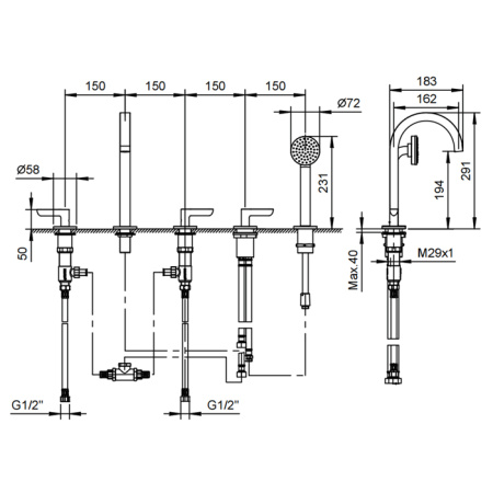 Fantini Icona Deco Смеситель на борт ванны, 5 отв., излив 160мм, с ручн.душем, цвет: хром 