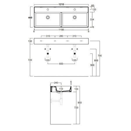 SIMAS AGILE Раковина двойная подвесная 121х46 см, с переливом, без отверстий для смесителя, цвет белый 
