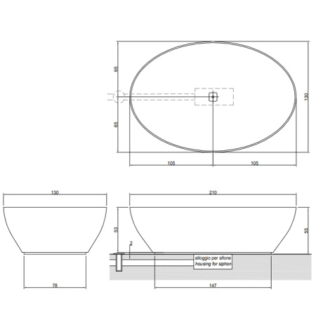Antonio Lupi Solidea Ванна отдельностоящая 190х130х50 см,с д/клапаном (хром), без перелива, без сифона, мат-л :нат.камень, цвет:Pietra Stone Grey 