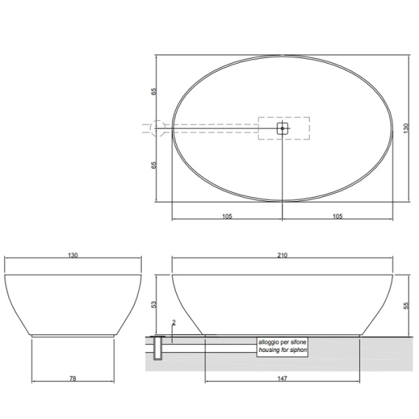 Antonio Lupi Solidea Ванна отдельностоящая 190х130х50 см,с д/клапаном (хром), без перелива, без сифона, мат-л :нат.камень, цвет:Pietra Stone Grey 