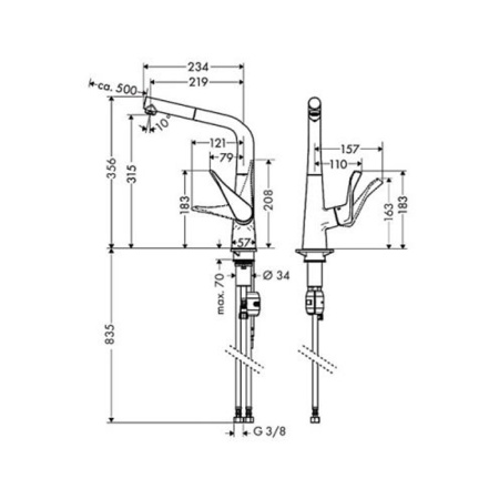 HG Metris Смеситель  для кухни на 1 отв, поворотный и выдвижной излив, цвет под сталь 