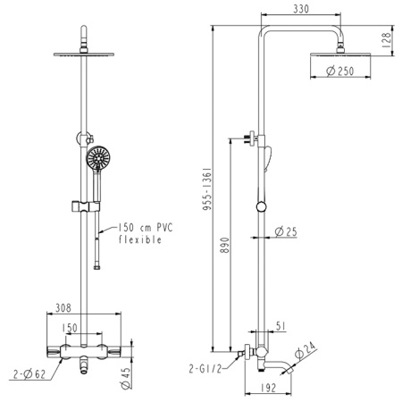 NEMO NM-9012BG Душевая колонна термостатическая, с изливом, с ручным (ABS) и верхним душем (250 мм) 