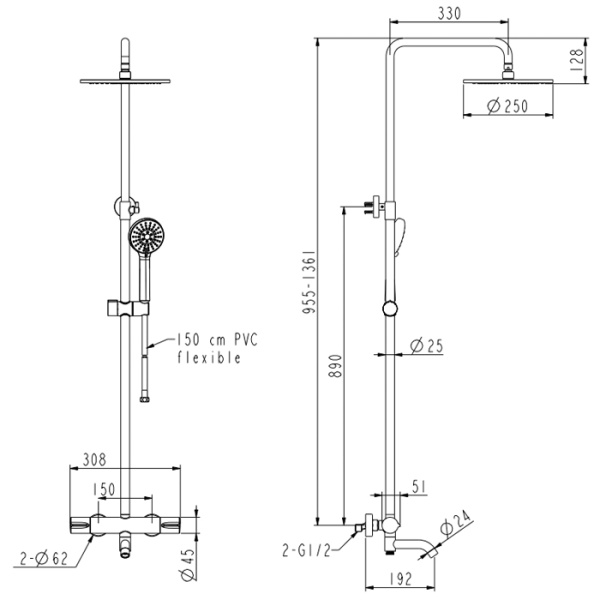 NEMO NM-9012BG Душевая колонна термостатическая, с изливом, с ручным (ABS) и верхним душем (250 мм) 