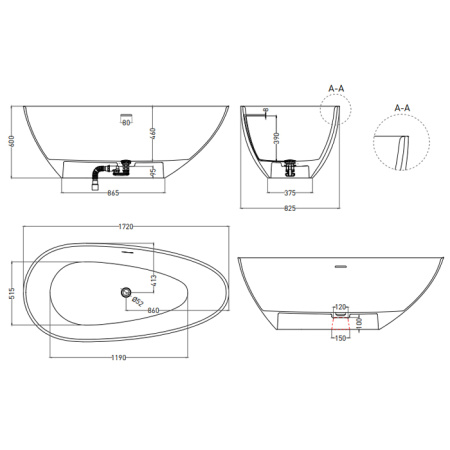 Salini PAOLA  Ванна отдельностоящая 1720х825х600 мм, "Click-Clack" белый, сифон, интегр.слив пер., мат-л: S-Sense, глянцевый, белый 