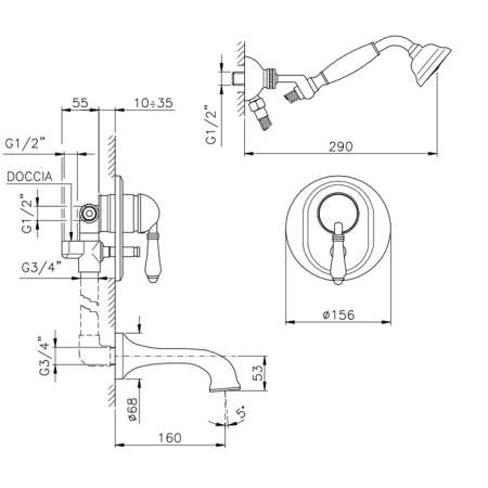 Nicolazzi P.m. Blanc Смеситель для ванны однорычажный, встраиваемый, с изливом 160мм и ручным душем, ручки белая керамика, цвет: хром 