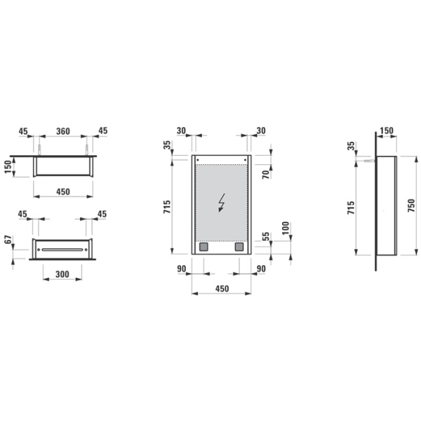 LAUFEN Frame 25 зеркальный шкафчик 450x150x750 мм, алюминий, 1 двуств/зерк/дверь, с 2 свет. освет. Элем., с евророз., с сенс. Выкл., правосторонний 