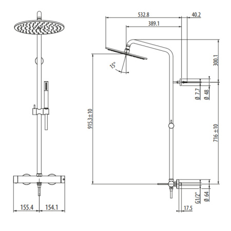 GATTONI CIRCLE TWO Комплект для душа: монокомандный смеситель, душевая стойка, душевая лейка 250мм, ручной душ, цвет хро (см. полный аналог 9195/PDC0) 