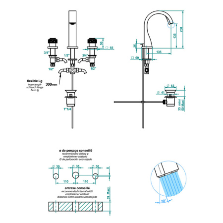 THG MASQUE DE FEMME METAL GRAVE Смеситель для раковины на 3 отверстия, с донным клапаном, цвет хром 