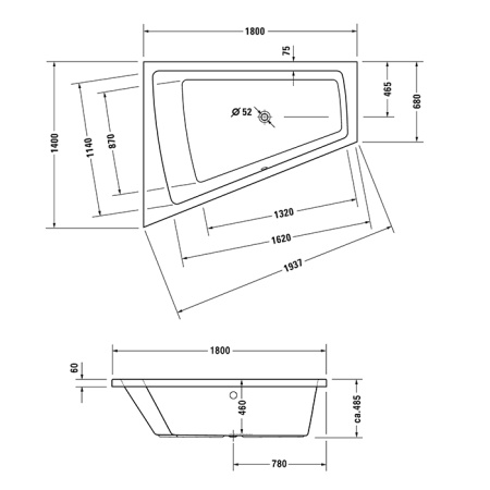 Duravit Ванна Paiova встраиваемая, акриловая 180x140 см, с наклоном для спины слева, цвет белый 