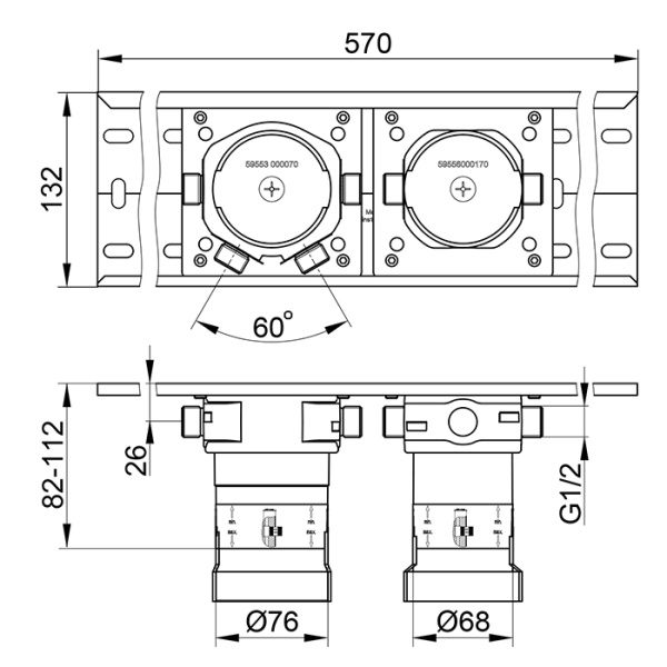 Keuco Монтажный блок для встроенного термостата 2 потребителя с соединением-выводом для шланга, G 1/2, Mонтажная глубина: 80, 110 мм 