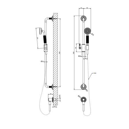 GESSI VENTI20 Штанга для душа 800 мм., с ручным душем, шлангом 1500 мм. и подводом воды, цвет Brass PVD 