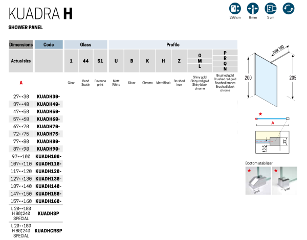 Душевое ограждение Walk-In 80 см (77-80х200) Novellini Kuadra H KUADH80-1P, профиль Brushed Gold, стекло прозрачное CrystalClear 
