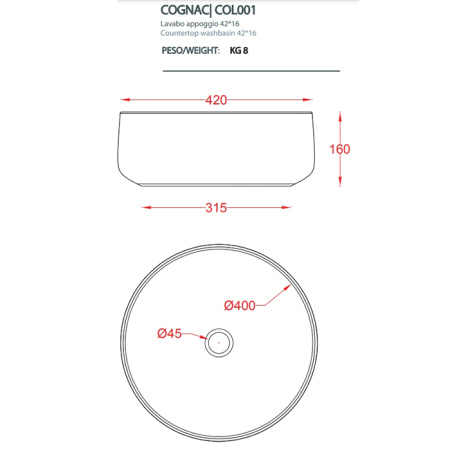 ArtCeram COGNAC Раковина накладная , 42 см, без отв под смеситель, без слив-перелива, цвет GIALLO ZINCO 