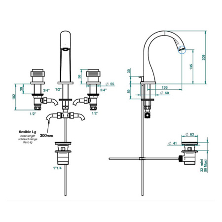 THG DIPLOMATE GROOVED RINGS Смеситель для раковины на 3 отверстия, с донным клапаном, цвет хром 