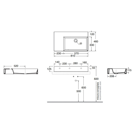 AZZURRA ELEGANCE Squared Раковина подвесная/накладная  81х46х12.5см без отв. под смеситель , цвет белый 