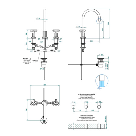 THG Les Ondes Смеситель для раковины, на 3 отв., цвет Soft matt gold 