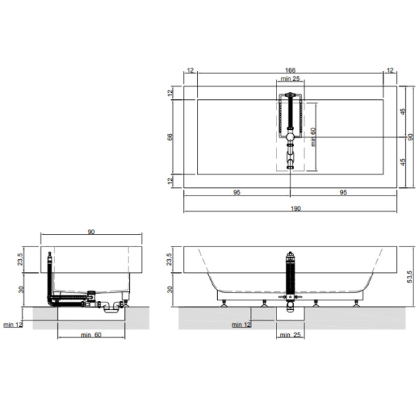 Antonio Lupi Biblio Ванна полувстраиваемая 190х90х53.5 см, с донным клапаном (хром), сифоном и гибким шлангом, мат-л: Corian, цвет: белый 