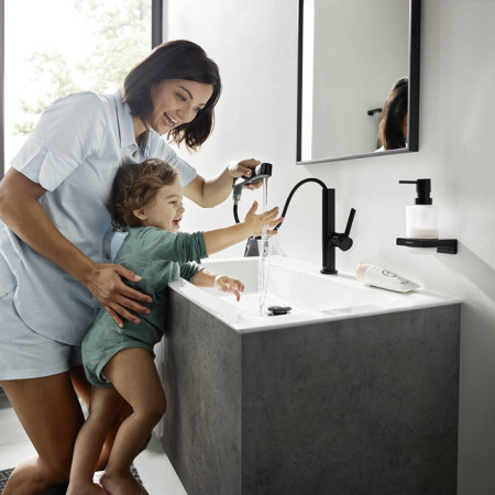 HG Finoris Смеситель для раковины, однорычажный, 230 с вытяжным душем 2jet, со сливным клапаном Push-Open, цвет матовый черный 