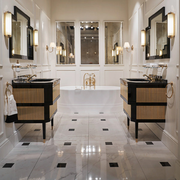 Devon&Devon Metropolitan Тумба под раковину DEEP BLACK 88,5см, планками светл золото, столешница  GRANITO NERO ASSOLUTO, раковина SWINDON черная 