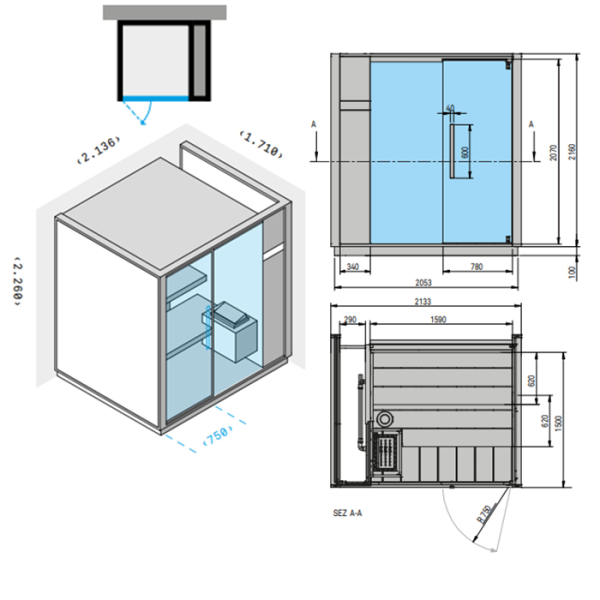 Effegibi One S Сауна пристенная R.H. 214x171xh226см, отделка: Soft Sand 