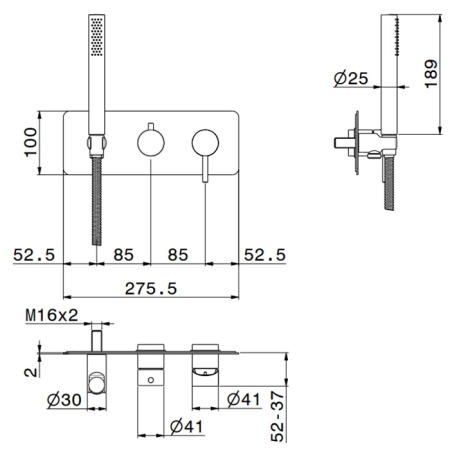 Newform X-Steel 316 Наружная часть встр. душ. смесителя на 2 выхода, ручной душ, кроншт., на декор/ пластине (для 31030), цвет: PVD Brushed gun metal 