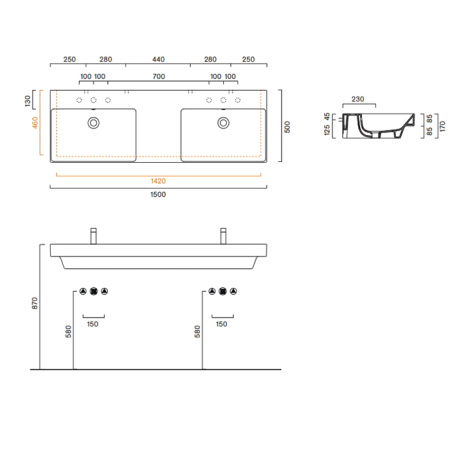 Catalano ZERO Раковина 150x50 двойная, без отв. под смеситель, покрытие Cataglaze+, цвет белый глянцевый 
