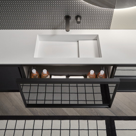 ANTONIO LUPI BEMADE Тумба под раковину 900х470х500 мм., 1 ящик, внутр подсветка, боковины Skin Cenere, рама черный матов, фронт стекло Argentato fumé 