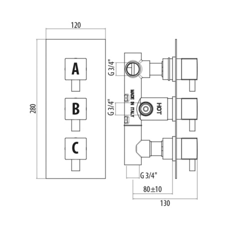 Gattoni Termostatici Термостатический встраиваемый смеситель для душа 3 рычага  на 2 источника (внутренняя часть в комплекте), цвет хром 