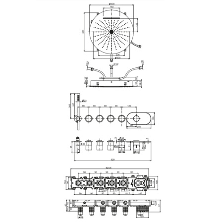 Fima Carlo Frattini Sistemi doccia Душевой к-т смеситель с верхним душем, встраиваемый, термостатический, с ручным душем, на 4 выхода, цвет: золото 