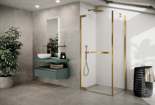 Душевое ограждение 90 см (88-89,5x200) Novellini N180 N180G90-1P+N180FG90-1P, профиль Brushed Gold, стекло прозрачное CrystalClear 