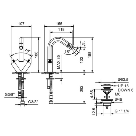 Fantini Venezia Смеситель для биде, 1 отв., с донным клапаном, излив 120мм, цвет: Matt British Gold PVD 