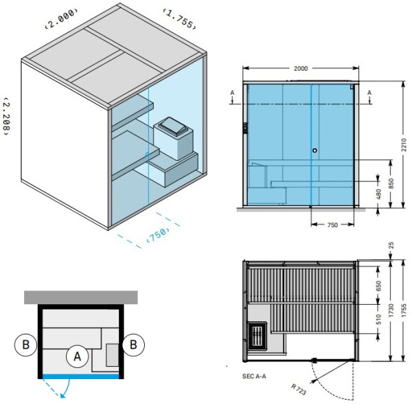 Effegibi BodyLove S Сауна 200x176xh220 см, размещение пристенное R.H., отделка термообр. древесина, наружные стены термообр. древесина гладкая 
