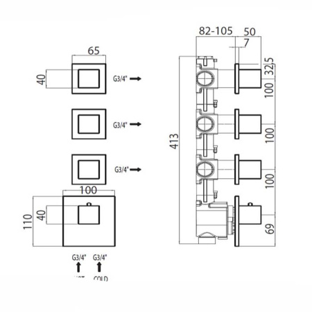 Bossini Встр. часть термостата с 3 запорными клапанами, (3 выхода) высокой пропускной способности на ¾”, уст-ка верт/гор. 
