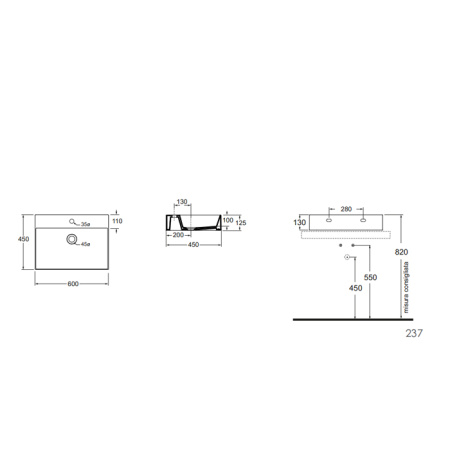 AZZURRA ELEGANCE Squared раковина подвесная/накладная  60х45см с 1 отв. под смеситель , цвет carbone 